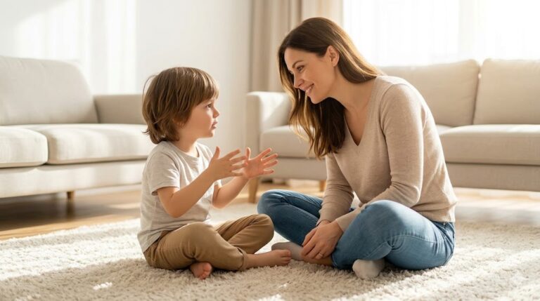 Mother and son sitting on a rug talking about big feelings.
